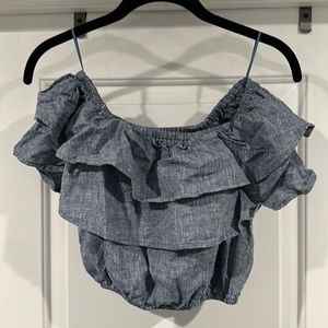 Jean Ruffled Off the Shoulder Crop Top